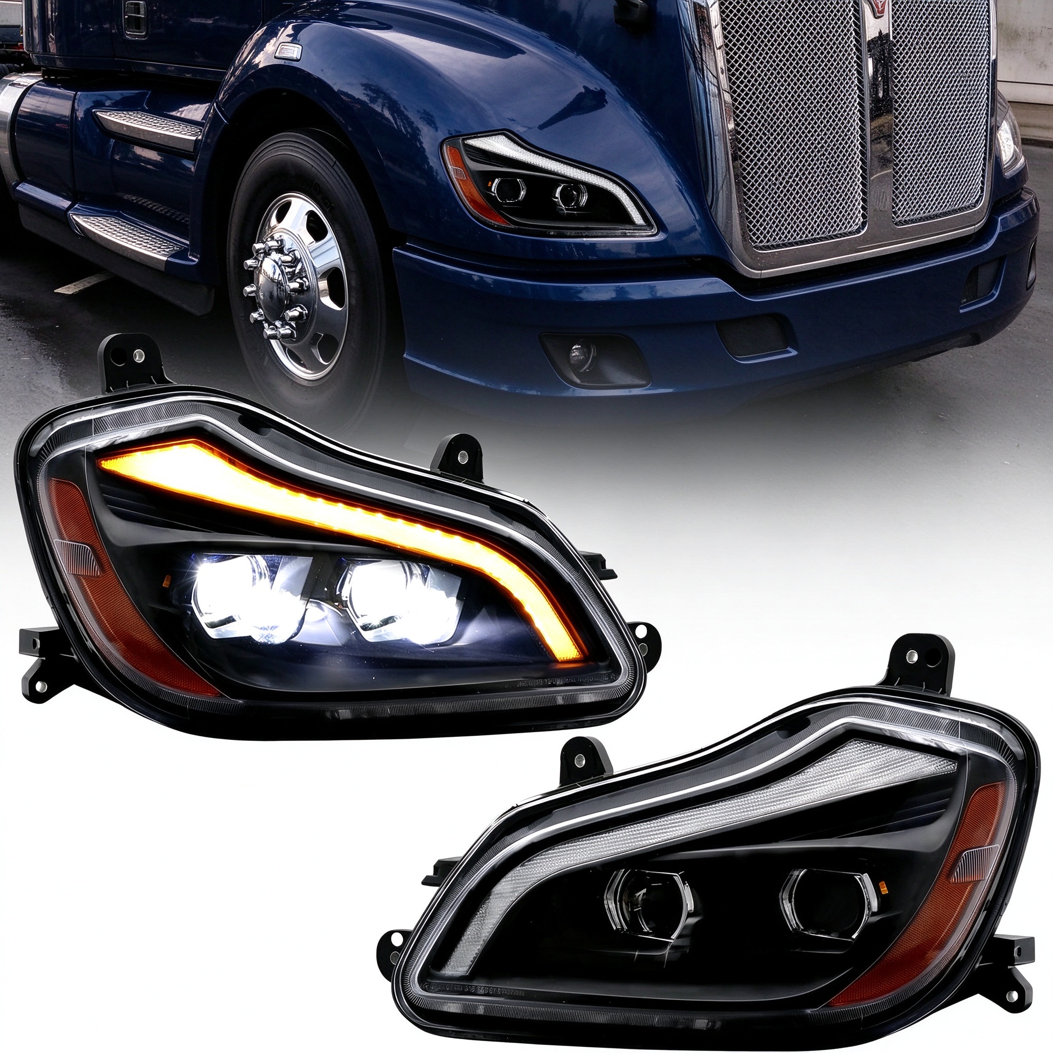 2013-2021 Kenworth T680 Headlights Black