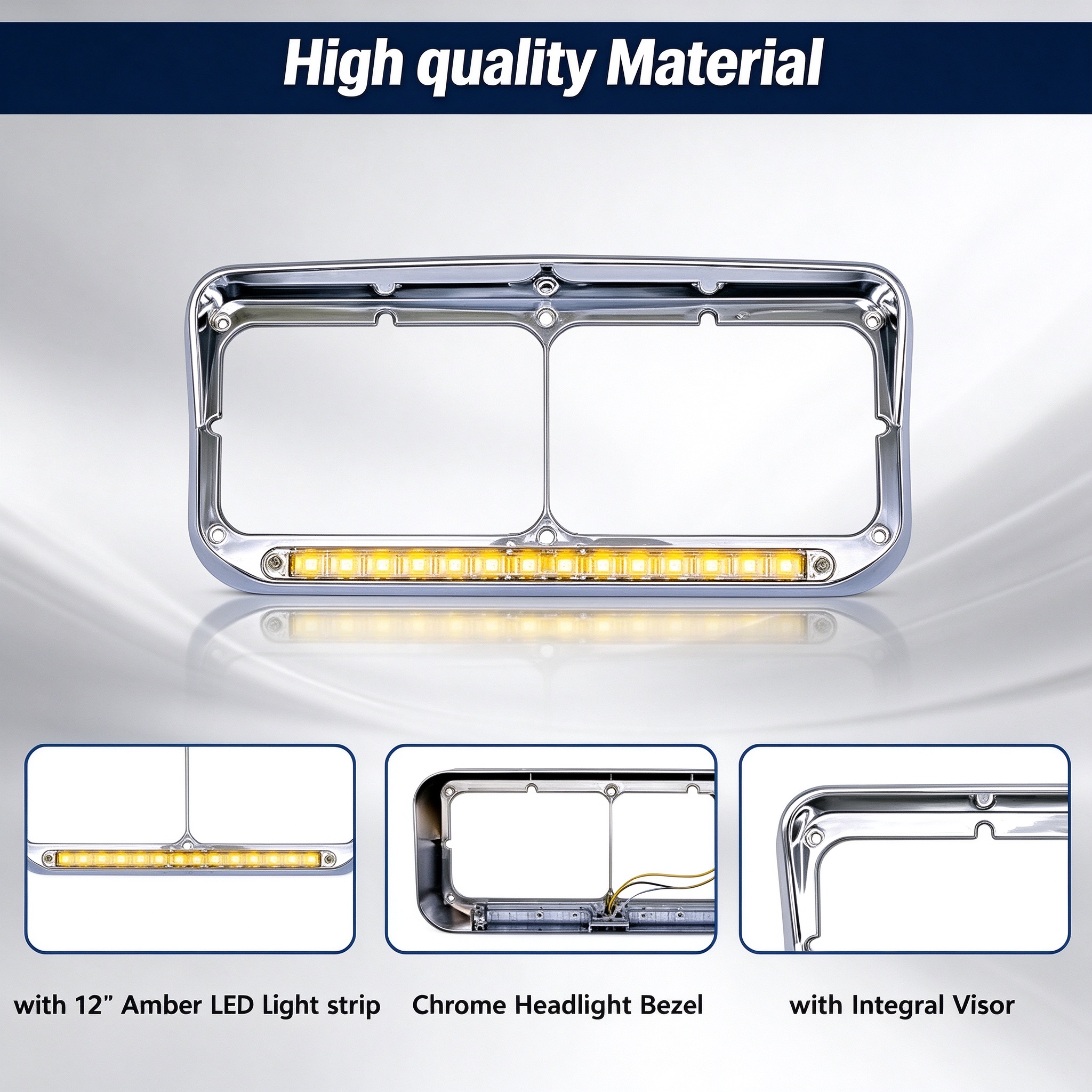 "Kenworth Peterbilt Western Star Freightliner" "T400/T600/T800/W900B/W900L 378/379 4900 Freightliner" Headlight Bezels "12"" LED Clear Lens + Amber Light With Visor"